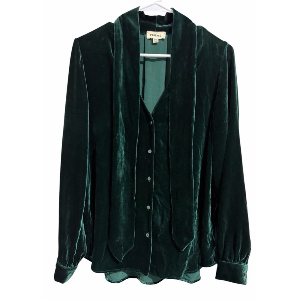 L'agence Gisele Crushed Velvet Forest Green Neck Tie Blouse Women's Size Medium